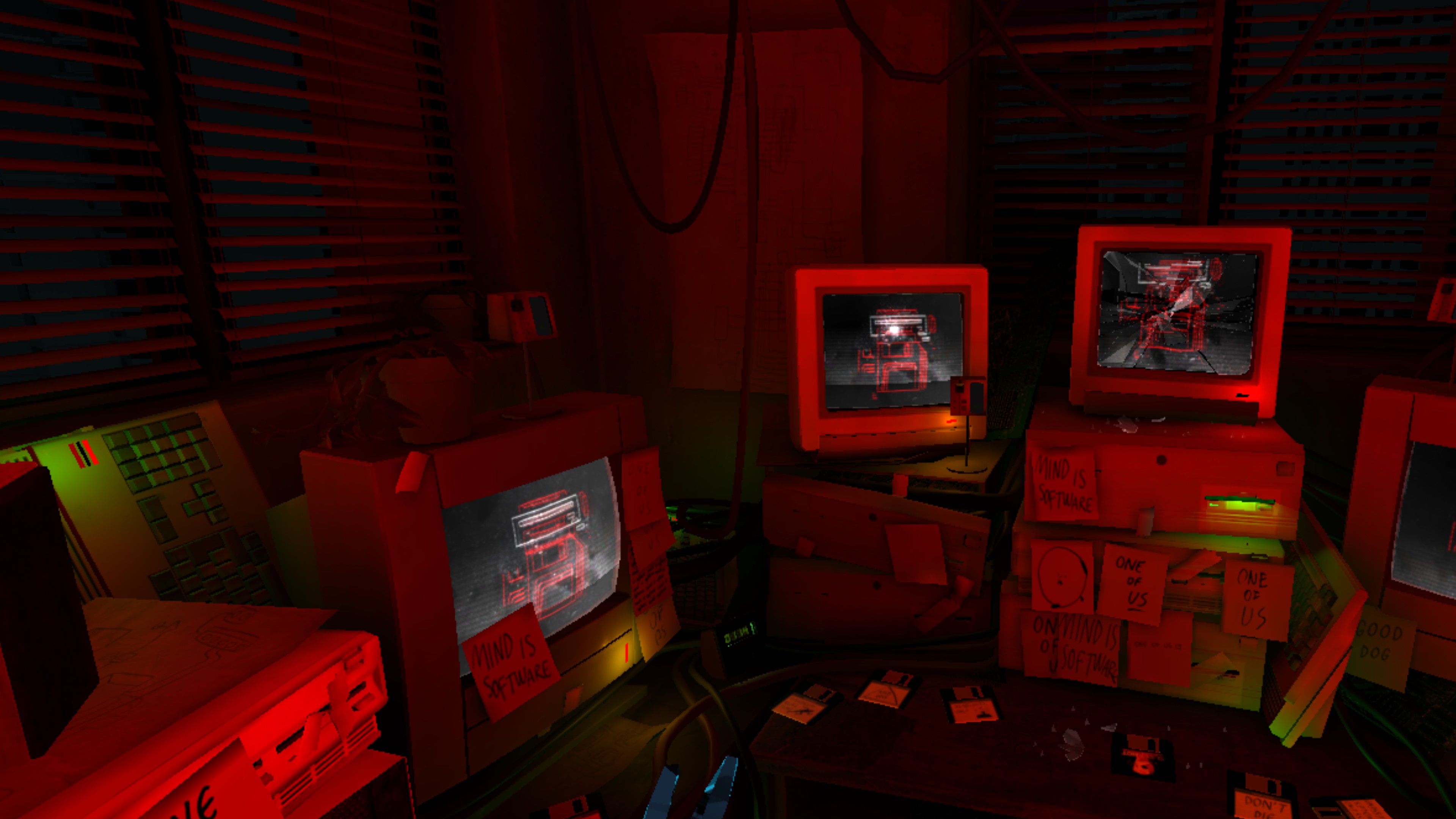 Your virtual home in Superhot VR, where you use floppies to load levels and then don a virtual reality headset (virtual virtual reality).