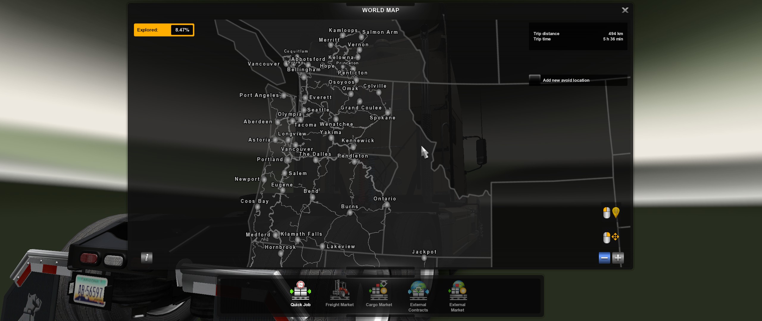 American Truck Simulator map showing Canada