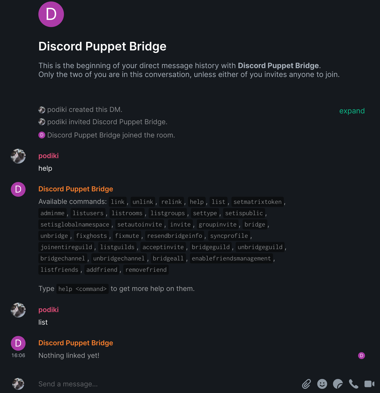 Chat with the Discord Puppet Bridge bot to send commands and bridge the different rooms.