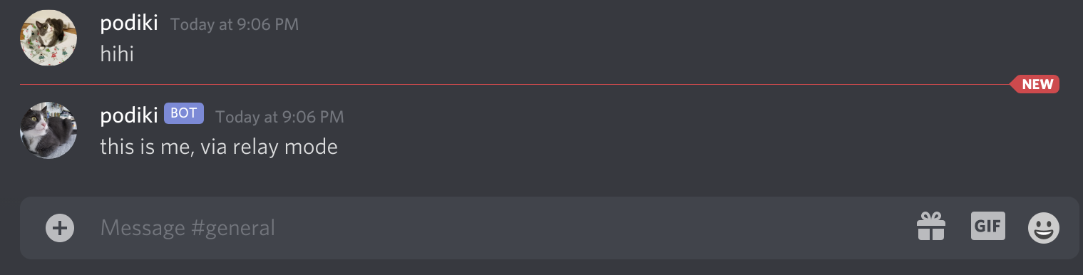 With the bridge in relay mode the Discord bot will show the user that sent the message with an avatar (pulled from Matrix, note the different cat photo).