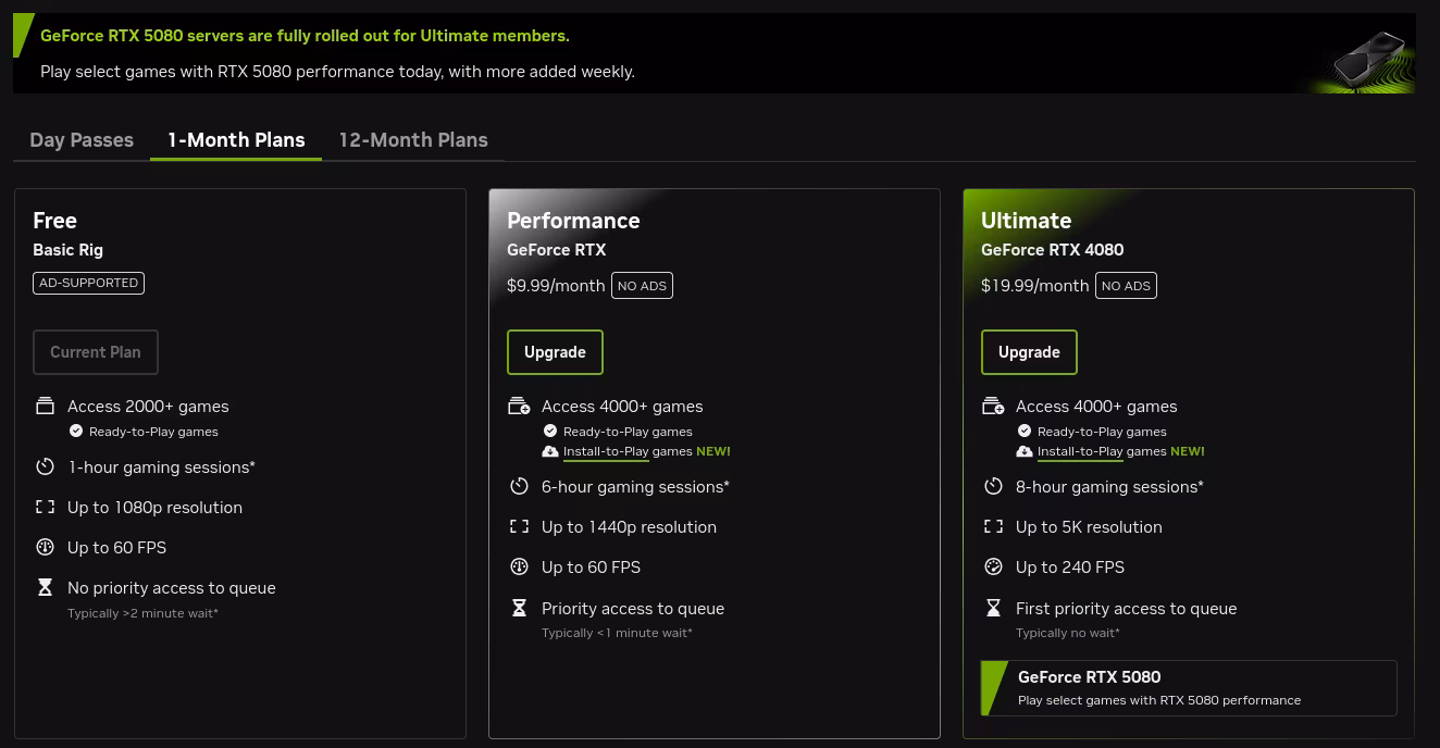 GeForce NOW pricing scheme