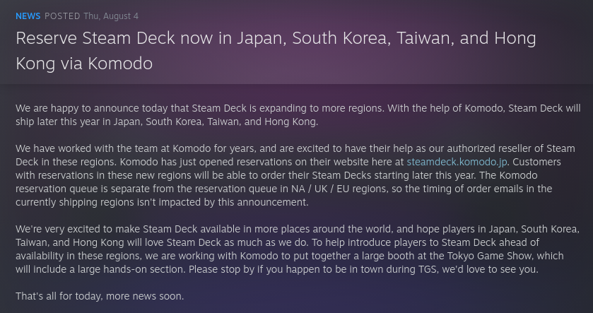 The Steam Deck now ships without a pre-order