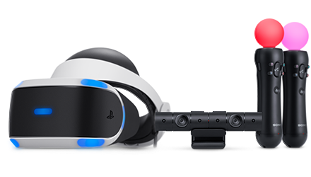 The PSVR headset with the PSMOVE controllers and the camera to detect the position of the controllers. Credit: playstation.com