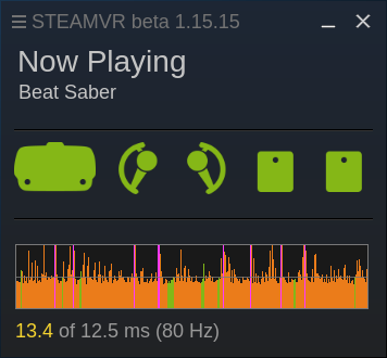 The performance graph in the SteamVR status window is nearly all orange, meaning frames are being reprojected (without motion smoothing). Pink is missed frames, while green is what you want to see (rendering the frame in time).