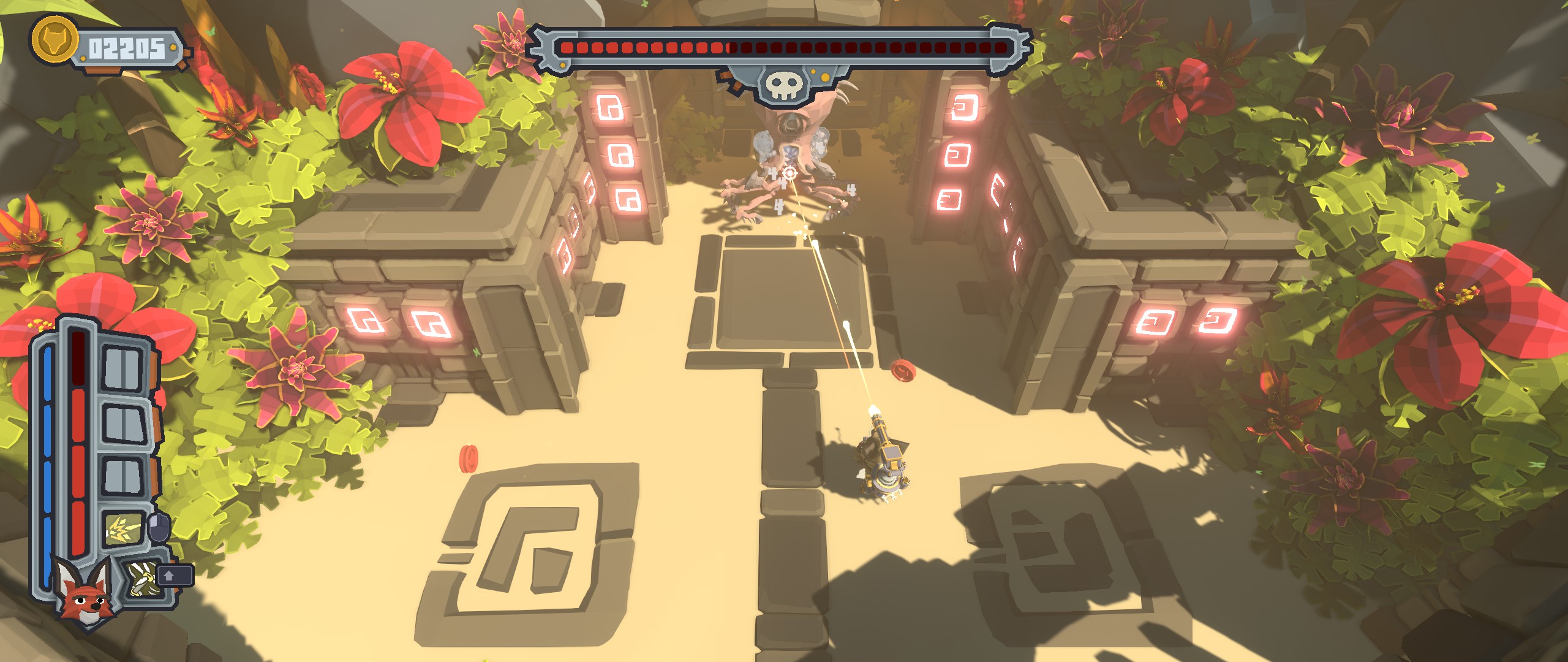 The first boss of the game. Notice the target symbol at the boss when using mouse and keyboard.