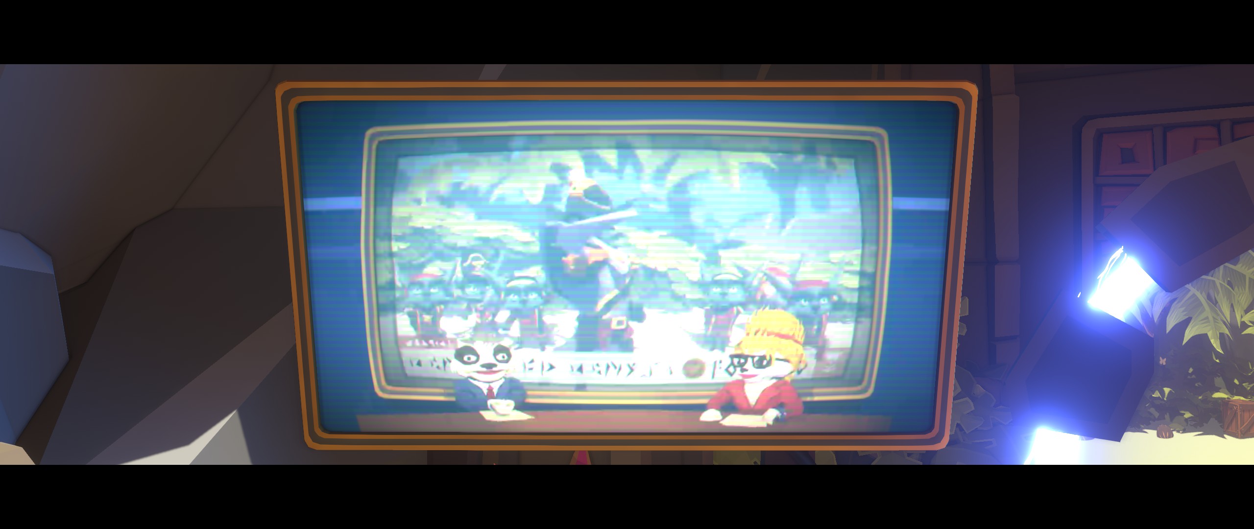 Part of the cutscenes as the news anchors give news about the game’s villain