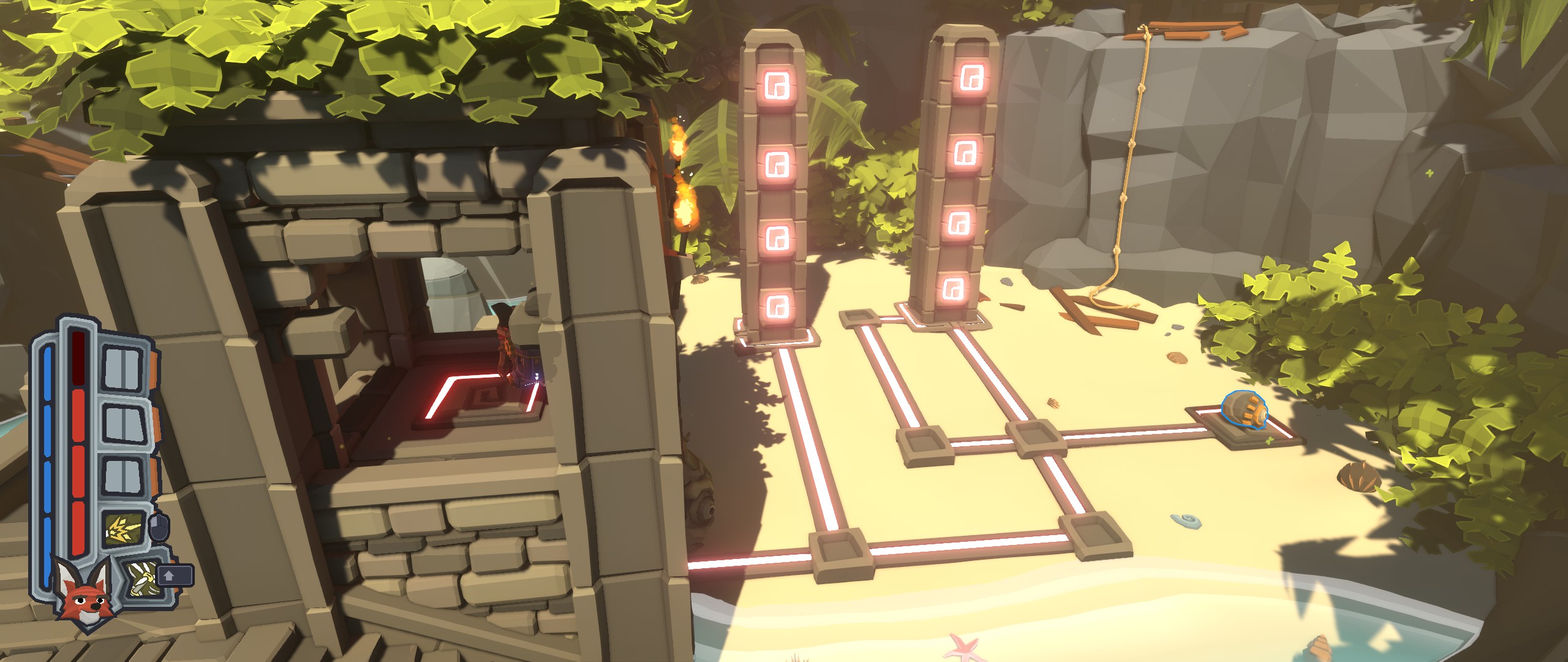 An example of a circuit puzzle where you must change the pillars heights in order to reach a high ledge